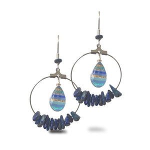 Hoop Earrings with semi gemstones, lapis lazuli, dichroic glass.