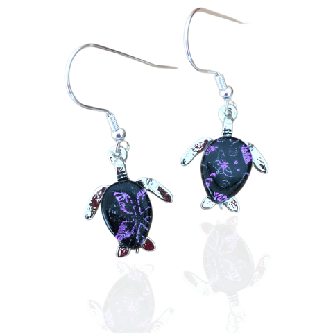 Turtle Earrings-Purple Flower Pattern